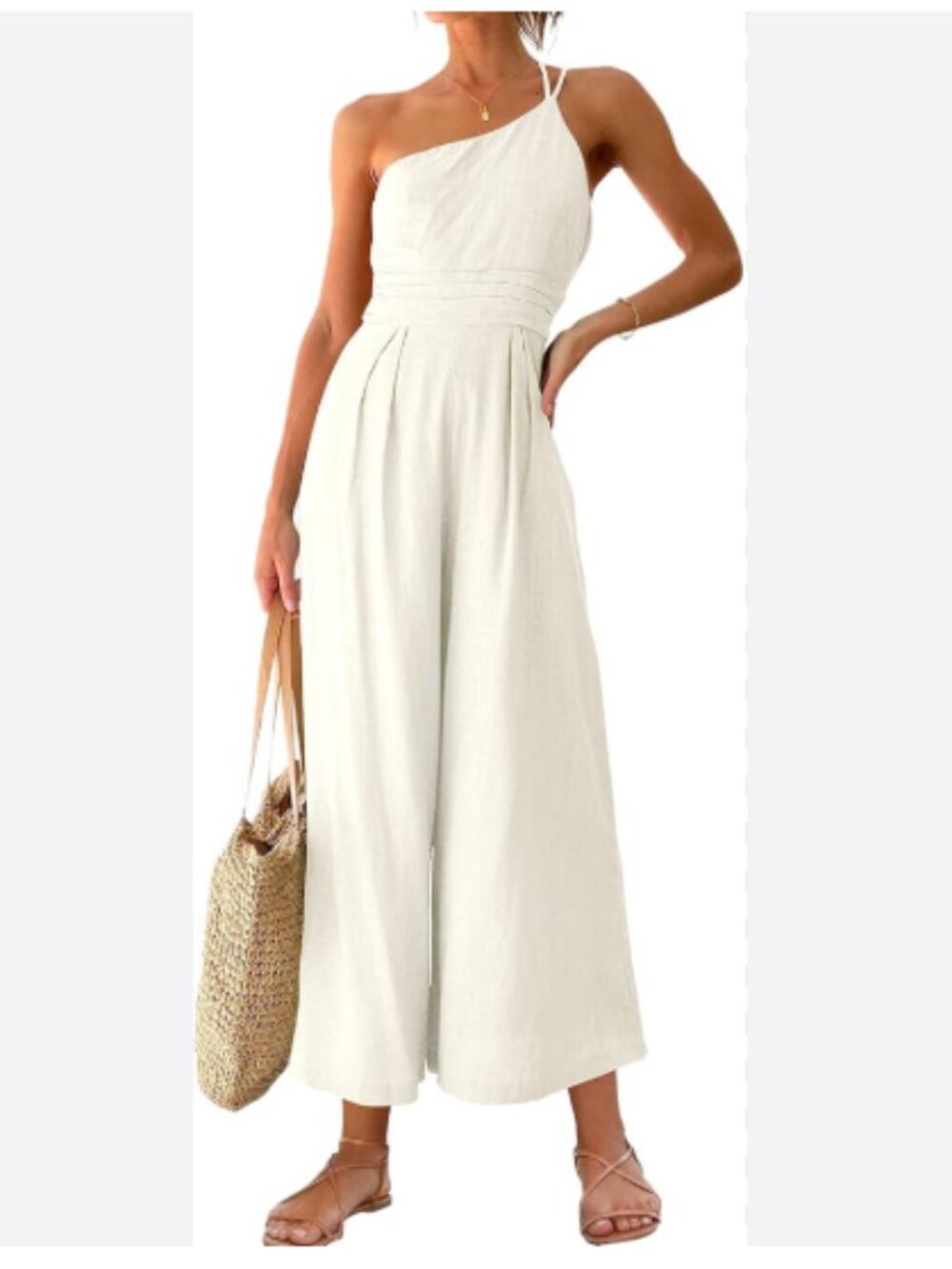Beige One Shoulder Strap Wide Leg Jumpsuit High Waisted Stretchy Romper  S